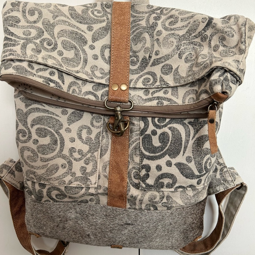 Myra Patterned Large Canvas Backpack With Leather… - image 1